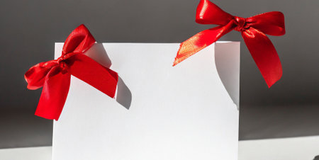 Gift card with red bow on grey background. Copy space.の素材