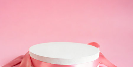 White round podium with pink ribbon on a pink background. Copy space.の素材