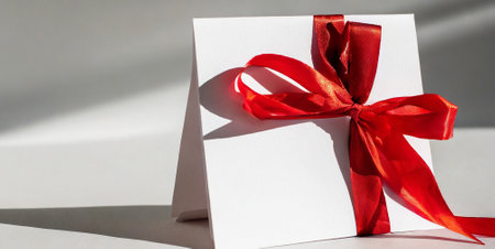 Gift box with red ribbon on white background with copy space.の素材
