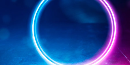 Neon circle on dark blue background. 3D rendering illustration.の素材
