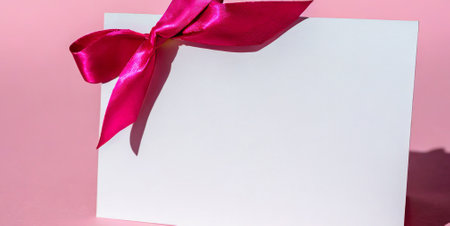 Gift card with a red bow on a pink background close upの素材