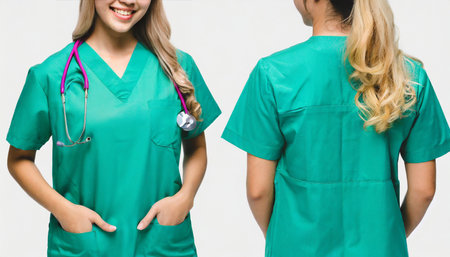Portrait of a doctor and nurse in green scrubs on white backgroundの素材