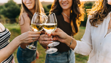 cropped shot of women clinking glasses with white wine in vineyardの素材