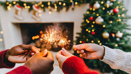 Close-up of hands holding sparklers on background of Christmas treeの素材