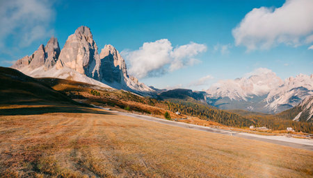 Panoramic view of Dolomites mountains in autumn, Italyの素材