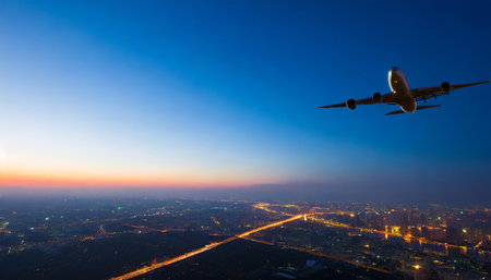 Airplane flying in the blue sky with cityscape at night.