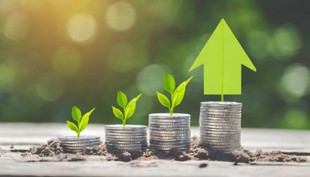 Saving money for growing your business concept, coin stack with growth graph and green plant.の素材