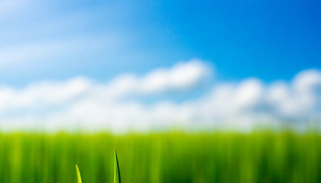 Green grass and blue sky with white clouds. Abstract natural blurred background.の素材