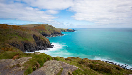 Panoramic view of the Atlantic Ocean coastline in Cornwall England UK Europeの素材