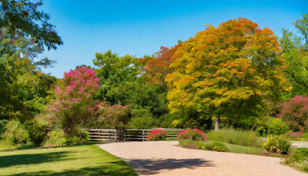 Beautiful summer landscape in the park with colorful trees and path.の素材