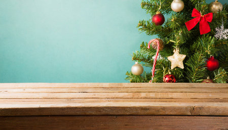 Christmas background with empty wooden table and christmas tree. For product displayの素材