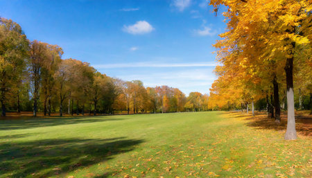 Beautiful autumn landscape with yellow trees and green grass in the parkの素材