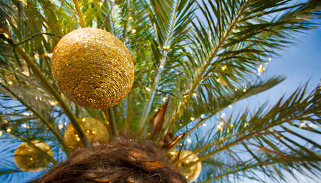 Golden Christmas ball hanging from the palm tree on blue sky background.の素材