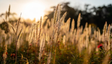 Close up of grass flower in the field at sunset. Nature backgroundの素材
