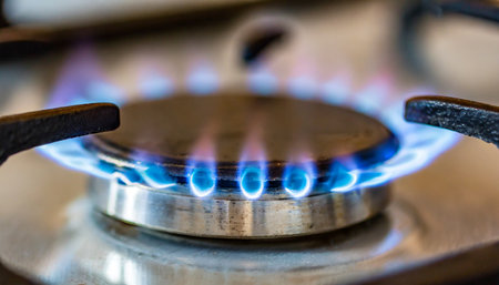 Close-up of gas burner with blue flames in the kitchen.の素材