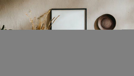 Mockup of a white frame on a gray wall with a vase of dried flowersの素材
