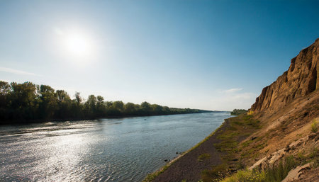 landscape of river and blue sky with clouds on a sunny dayの素材