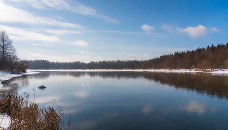 Winter landscape with frozen river and blue sky with clouds. Long exposureの素材