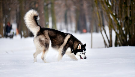 Siberian husky dog running in the snow in winter.の素材
