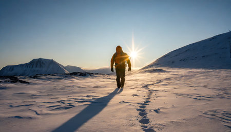 Hiker with backpack hiking on snowy mountain at sunset. Travel Lifestyle concept.の素材