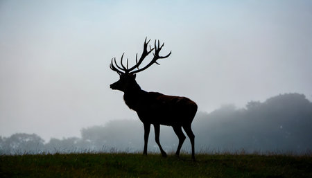 Silhouette of a red deer stag in the morning mist.の素材