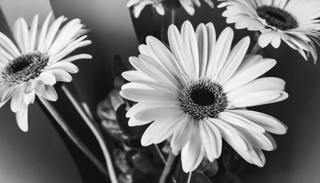 Beautiful gerbera flowers in a vase. Black and white photo.の素材