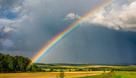 Rainbow over the field and the village in the background, Polandの素材