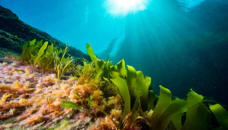 Seaweed on the bottom of the sea with sun rays.