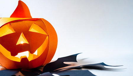 Halloween pumpkin made of paper on a white background. Copy space.の素材