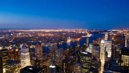 New York City Manhattan skyline panorama with skyscrapers at night.の素材