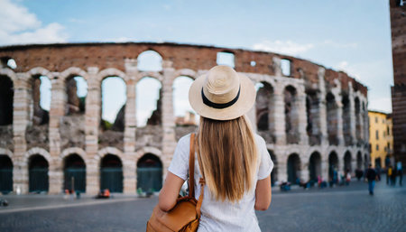A young girl in a white t-shirt and a straw hat looks at the Colosseum in Rome, Italyの素材