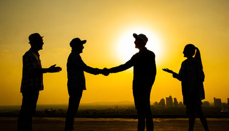 Silhouette of a group of business people shaking hands at sunsetの素材