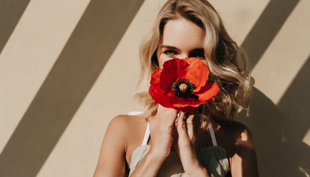 fashion outdoor photo of beautiful sensual woman with blond hair in elegant dress posing with red poppiesの素材