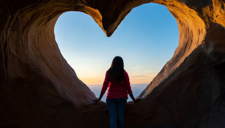 A young woman standing in a heart shaped cave at sunset in Capitol Reef National Parkの素材