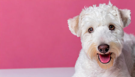 Portrait of a cute white dog on pink background with copy spaceの素材