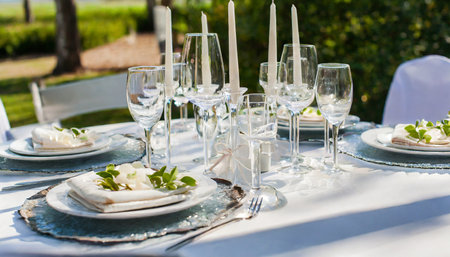 Table set for an event party or wedding reception in the garden.の素材