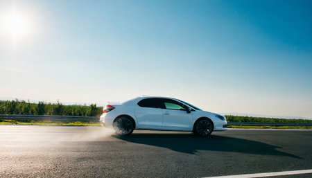 Car on the road with high pressure water spray from the engine.の素材