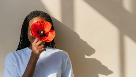 Young african american woman with red poppy flower on white backgroundの素材