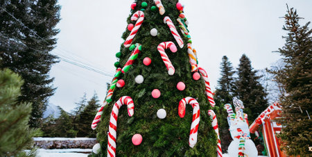 Christmas tree with candy canes on a background of the winter forestの素材
