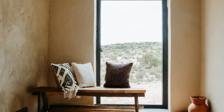 Cushions on a table in a room with a beautiful viewの素材