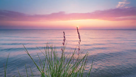 Beautiful sunset on the sea with grass and flowers in the foregroundの素材