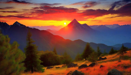 Beautiful sunset in the mountains. Landscape with mountains and forest.の素材