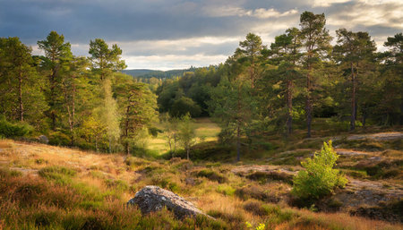 Pine forest in the mountains at sunset. Beautiful summer landscape.の素材