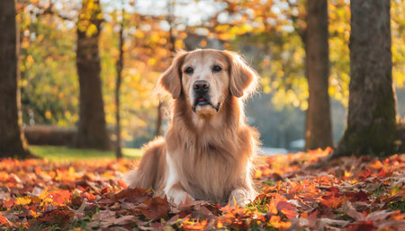 Golden Retriever dog sitting in the autumn park with fallen leavesの素材