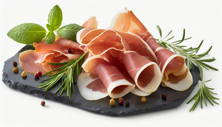 Sliced prosciutto crudo or jamon with herbsの素材