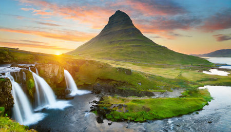 Famous Kirkjufell mountain at sunrise, Iceland, Europeの素材