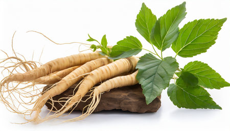 Ginseng root with leaves isolated on white background. Herbal medicine.の素材