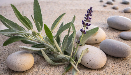 Sage, lavender and pebbles on the sand.の素材