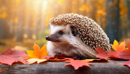 Hedgehog in the autumn forest on the background of autumn leavesの素材