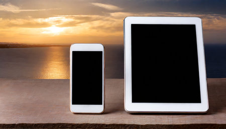 Tablet and smartphone on wooden table with sea and sunset sky backgroundの素材